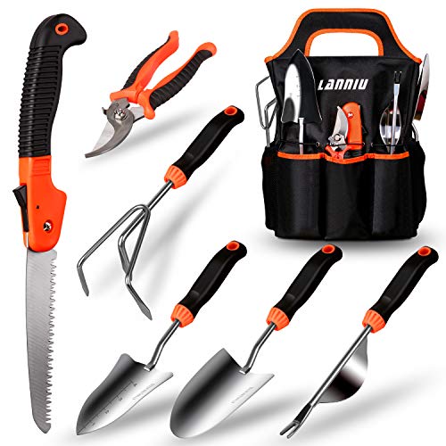 LANNIU Gardening Tool Set, Garden Tools Set Gift for Women and Men, Stainless Steel Heavy Duty Outdoor Hand Tools Kit with Soft Rubberized Non-Slip Ergonomic Handle Storage Tote Bag