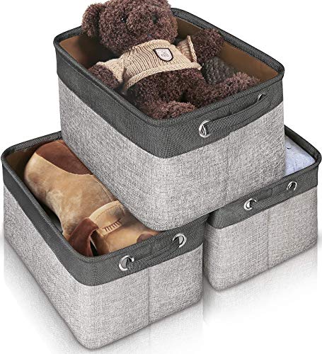 Storage Basket Bin Set [3-Pack], JOMARTO Large Cube Storage Box Linen Fabric Built-in Soft Lining Foldable Organizer with Handles for Home Office Closet Toys Clothes Kids Room Nursery