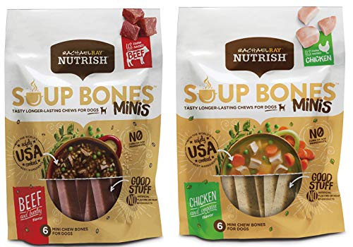 Variety Rachael Ray Nutrish Soup Bones Minis Dog Treats For Smaller Dogs Real Beef & Barley and Real Chicken & Veggies - Each Pack 4.2 oz/ 6 Chew Treats (Minis) by Rachael Ray