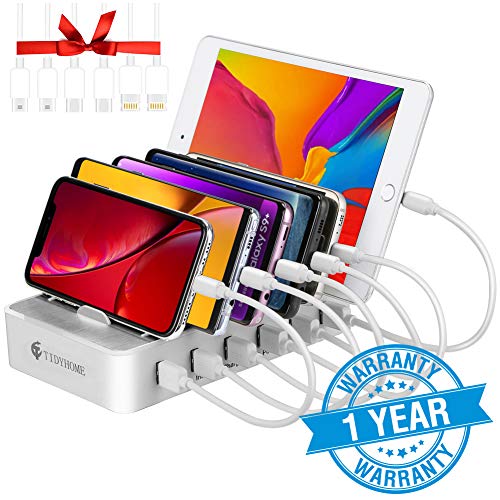 Charging Station for Multiple Devices - 6 Port USB Charging Station - Multi Charger Organizer Docking Station - Compatible with iPhone iPad and Android Cell Phone and Tablet (6 Mixed Cables Included)