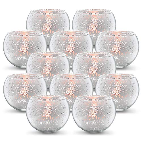 Volens Round Silver Votive Candle Holders, Mercury Glass Tealight Candle Holder Set of 12