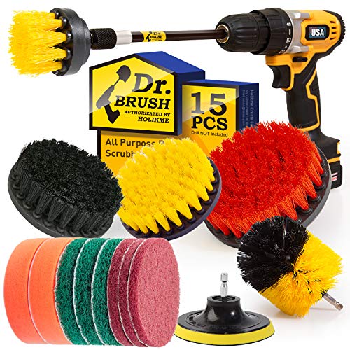 Holikme 15Piece Drill Brush Attachments Set, Scrub Pads & Sponge,Buffing Pads，Power Scrubber Brush with Extend Long Attachment，Car Polishing Pad Kit