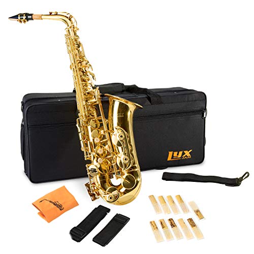 LyxJam Alto Saxophone E Flat Brass Sax Beginners Kit, Mouthpiece, Neck Strap, Cleaning Cloth Rod, Gloves, Hard Carrying Case With Removable Straps, Maintenance Guide, 10 Bonus Reeds