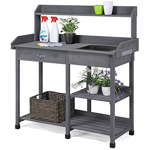 YAHEETECH Outdoor Potting Bench Table Potters Benches Garden Work Bench Station Workstation with Drawer/Adjustable Shelf Rack/Removable Sink/Hooks/Pads Gray Solid Wood