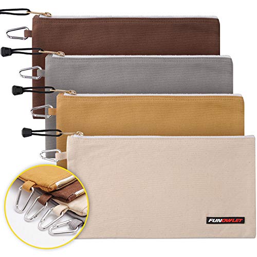 Utility Bag, Canvas Zipper Tool Bags - Heavy Duty Tools Pouch with Carabiner, Multi-Purpose Storage Organizer Clip on Tote Pouches in White, Gray, Tan, Brown, 4 Pack