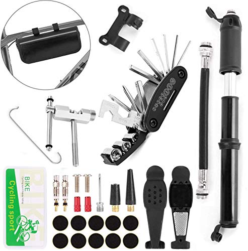 Bike Tire Repair Tool Kit with Mini 120 PSI High Pressure Hand Bicycle Pump, 16-in-1 Screwdriver Tools, Chain Breaker and Chain Checker Include 3 Piece Bicycle Missing Link for 8, 9, 10 Speed Chain