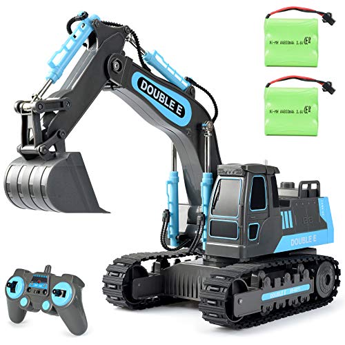 DOUBLE E RC Excavator Toy Trucks 2 Rechargeable Batteries Hydraulic Remote Control Boy Toys Construction Vehicles with Working Sounds for Boys Girls Kids