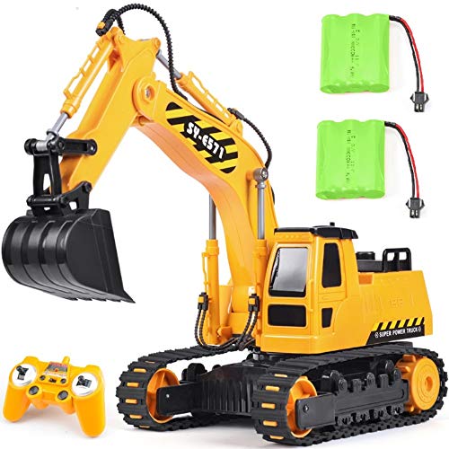 DOUBLE E Remote Control Excavator Toy 2 Rechargeable Batteries Hydraulic RC Excavator Construction Vehicles Tractor with Working Sounds for Boys Girls Kids