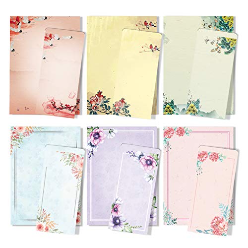 ANZON MORIES A4 Japanese Stationery Paper and Envelopes Set, 48 Letter Writing Paper with 24 Self-Sealing Envelopes, Printer Friendly, Color Both Sides, Ink Painting Classic Vintage Floral Design