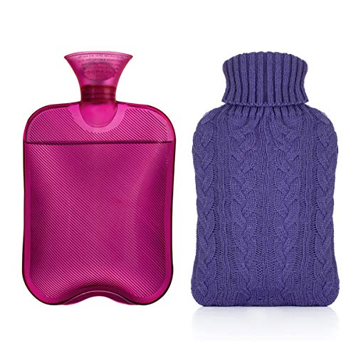 Samply Hot Water Bottle- 2 Liter Water Bag with Knitted Cover,Transparent Purple