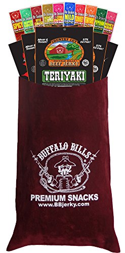 Buffalo Bills 15-Pc Beef Jerky & Beef Stick Sampler Burgundy Velour Wine Gift Bag (15 mixed packs)