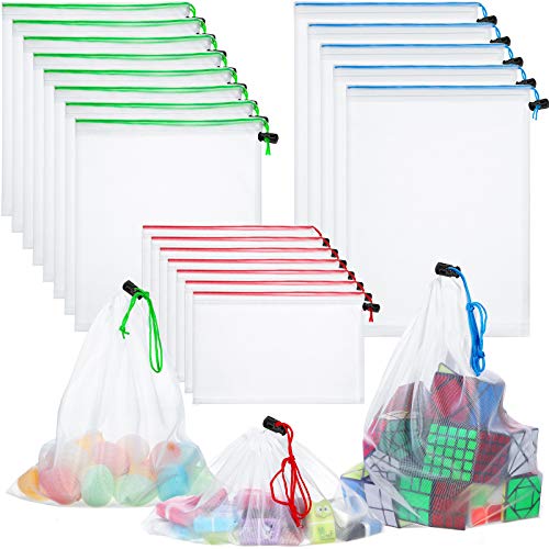 Toy Storage Organization Mesh Bags 20 Pieces Mesh Organizer Bags Washable Reusable Mesh Produce Bags 5 Large 8 Medium 7 Small for Playroom Organization Game Baby Toys Bathtub (Blue, Green, Red)