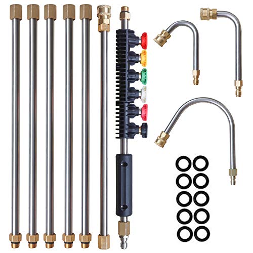 Xiny Tool Pressure Washer Extension Wand, 10 Pack Upgrade Power Washer Lance with 5 Atomization Nozzle Tips, 30°, 90°,1 Gutter Cleaner Attachment Curved Rod, 1/4' Quick Connect, 4000 PSI