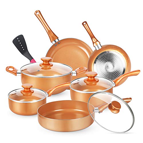 KUTIME 11pcs Cookware Set, Pots and Pans Set, Non-stick Frying Pan Set Copper Ceramic Coating Stock Pot, Sauce Pans, Deep Saute Pan with Lid, Gas, Induction Compatible