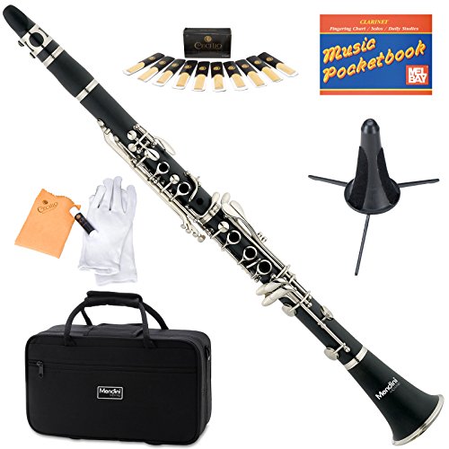 Mendini MCT-E+SD+PB Black B Flat Clarinet with Case, Stand, Pocketbook, Mouthpiece, 10 Reeds and More