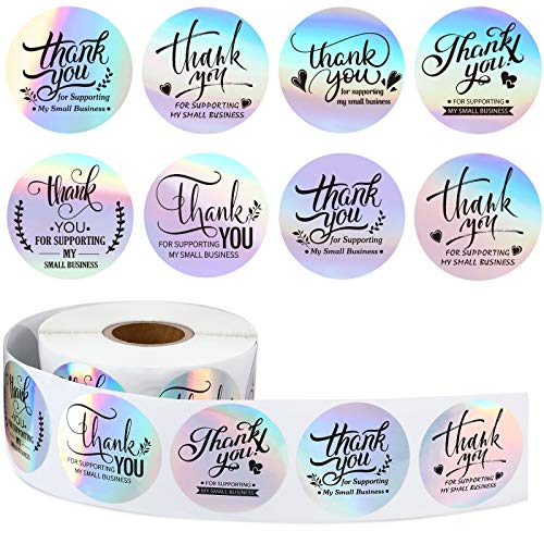 600 Pieces Thank You for Supporting My Small Business Stickers Thank You Label Stickers Holographic Silver Roll Adhesive Business Labels Rainbow Holo Stickers for Boutiques Shop Wrapping Supplies