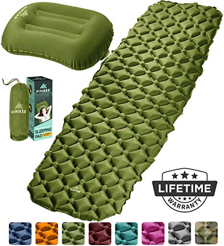 HiHiker Camping Sleeping Pad + Inflatable Travel Pillow – Ultralight Backpacking Air Mattress w/Compact Carrying Bag –Sleeping Mat for Hiking Traveling & Outdoor Activities (Green)