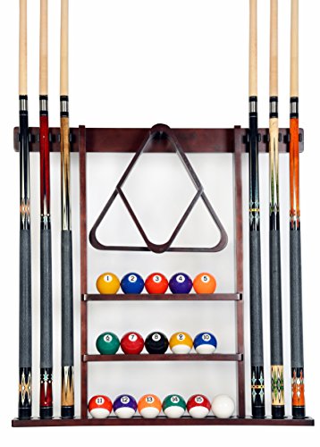 Cue Rack Only - 6 Pool Cue - Billiard Stick Wall Rack Made of Wood Choose Mahogany, Black or Oak Finish