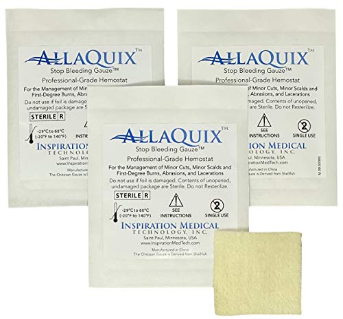 AllaQuix Stop Bleeding Gauze (Large 2-inch Square) (3-Pack) Professional-Grade First-Aid Hemostatic Gauze (Blood Clotting Bandage)