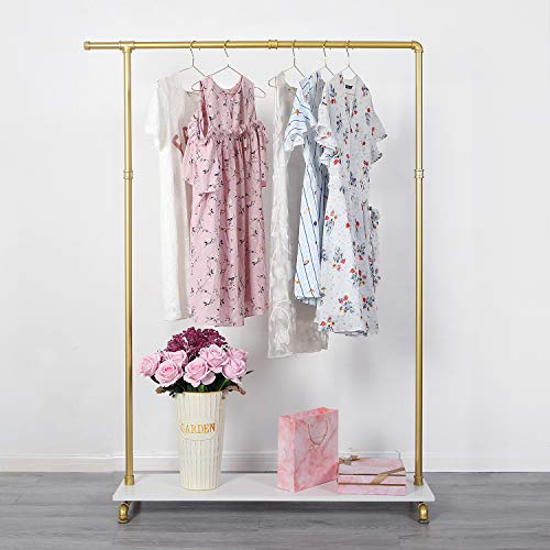 Gold Metal Clothing Rack with Shelf for Clothes Display, Industrial Pipe Garment Rack for Bedroom Retail Boutique Use