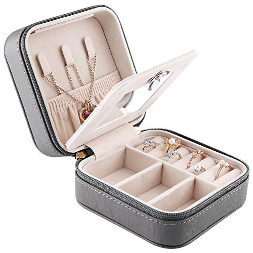 Duomiila Small Travel Jewelry Box Faux Leather Mini Organizer Portable Display Storage Girl's Case for Rings Earrings Necklace (Grey)