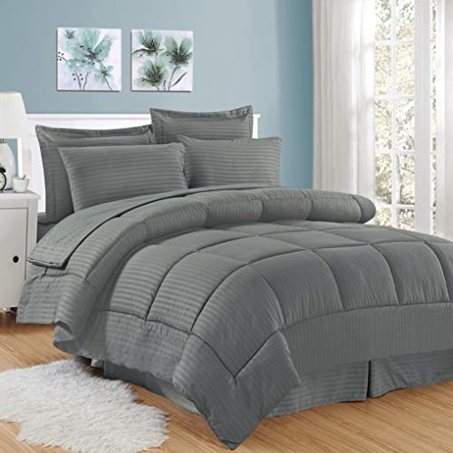 Sweet Home Collection 8 Piece Bed in A Bag Stripe Sheets, 2 Pillowcases, 2 Shams Down Alternative All Season Warmth, Queen, Dobby Gray