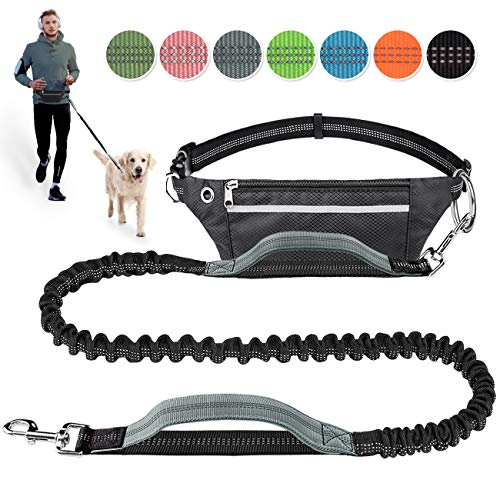 Hands Free Dog Leash for Running Walking Jogging Training Hiking, Retractable Bungee Dog Running Waist Leash for Medium to Large Dogs, Adjustable Waist Belt with Pack, Reflective Stitches, Dual Handle
