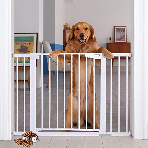Cumbor 46” Auto Close Safety Baby Gate, Extra Tall and Wide Child Gate, Easy Walk Thru Durability Dog Gate for The House, Stairs, Doorways. Includes 4 Wall Cups, 2.75-Inch and 8.25-Inch Extension
