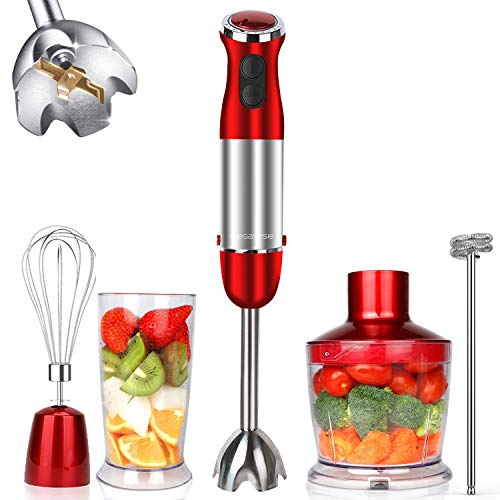 5-in-1 Immersion Hand Blender, MEGAWISE Powerful 800 Watt 12-Speed Stick Blender with Sturdy Titanium Plated Stainless Steel Blades, Including 500ml Chopper, 600ml Beaker, Whisk and Milk Frother Attachments, Dishwasher Safe and BPA-Free