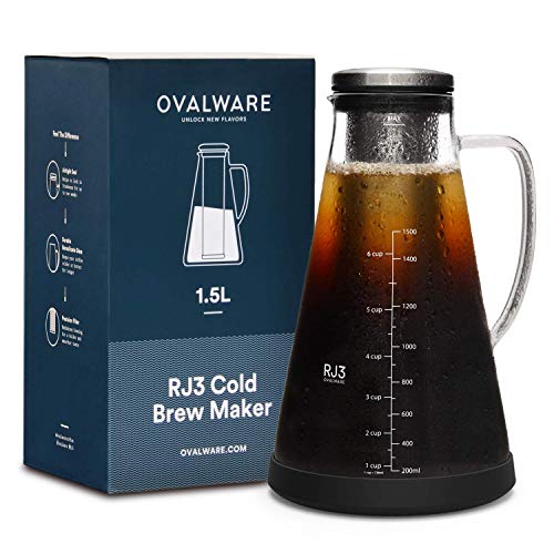 Airtight Cold Brew Iced Coffee Maker (& Iced Tea Maker) with Spout – 1.5L/51oz Ovalware RJ3 Brewing Glass Carafe with Removable Stainless Steel Filter