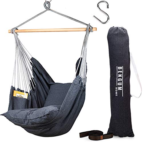 Bengum Hammock Chair Hanging Swing | Indoor and Outdoor Use | Large Swinging Seat Chair for Patio, Bedroom, or Tree | 2-Tone Grey Durable Hammock + 2 Cushions + Side Pocket + Rope + Carrying Bag + S'