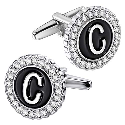 AMITER Initial Letter Cufflinks for Men Crystal Shirts Men's Personalized Silver Cuff Links for Business Wedding Alphabet A-Z