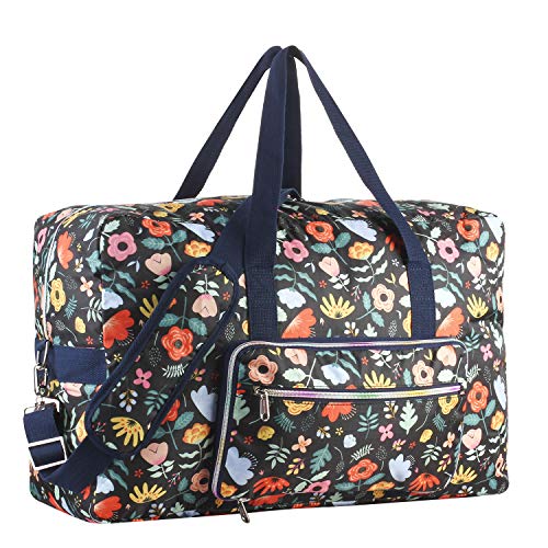 Travel Foldable Waterproof Duffel Bag - Lightweight Carry Storage Luggage Tote Duffel Bag（Black Floral）