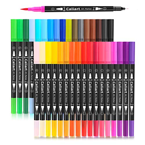 Caliart 34 Dual Brush Pens Art Markers, Artist Fine & Brush Tip Pen Coloring Markers for Kids Adult Coloring Book Bullet Journaling Note Taking Lettering Calligraphy Drawing Pens Craft Supplies
