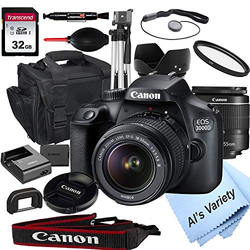 Canon EOS 3000D (Rebel T100) DSLR Camera with 18-55mm f/3.5-5.6 Zoom Lens + 32GB Card, Tripod, Case, and More (18pc Bundle)