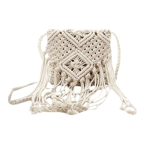 Van Caro Women Crochet Beach Bag Fringed Bohemian Crossbody Shoulder Purse Cotton Pouch（White）
