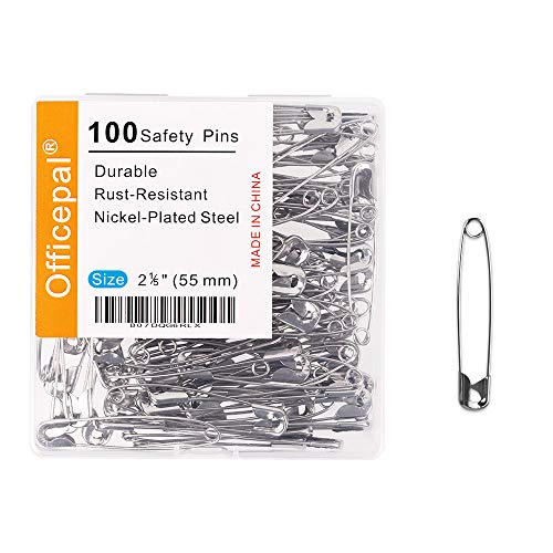 Officepal 100-Piece Safety Pins, Size 4, 2.17' / 55mm – Durable, Rust-Resistant Nickel Plated Steel Set- Best Sewing Accessories Kit for Baby Clothing, Crafts & Arts