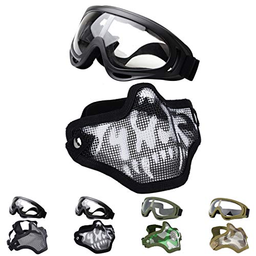 Outgeek Airsoft Half Face Mask Steel Mesh and Goggles Set for Halloween and Xmas(Skull Set)