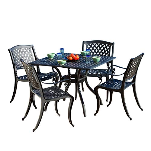 Christopher Knight Home Hallandale Cast Aluminum Outdoor Dining Set, 5-Pcs Set, Black Sand