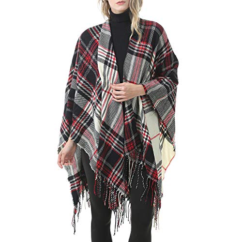 Zando Shawls for Women Open Front Poncho Wrap Printed Tassel Cape Fall Plaid Poncho Shawl Winter Pashmina Shawls and Wraps Fashion Shawl Ponchos Christmas Ponchos for Women Black Red Stripe One Size