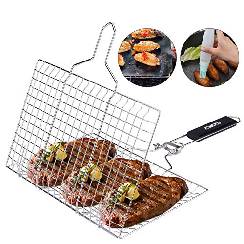 ACMETOP BBQ Grill Basket, Stainless Steel Grilling Basket with Removable Handle, Perfect for Grilling Vegetables, Fishes, Shrimp, Chops - Bonus an Grill Mat, Sauce Bottle Brush and Carrying Pouch