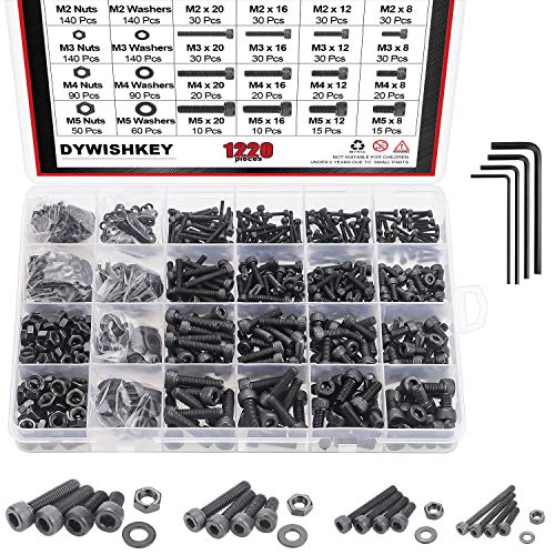 DYWISHKEY 1220 PCS M2 M3 M4 M5, 12.9 Grade Alloy Steel Hex Socket Head Cap Bolts Screws Nuts Washers Assortment Kit with Hex Wrenches