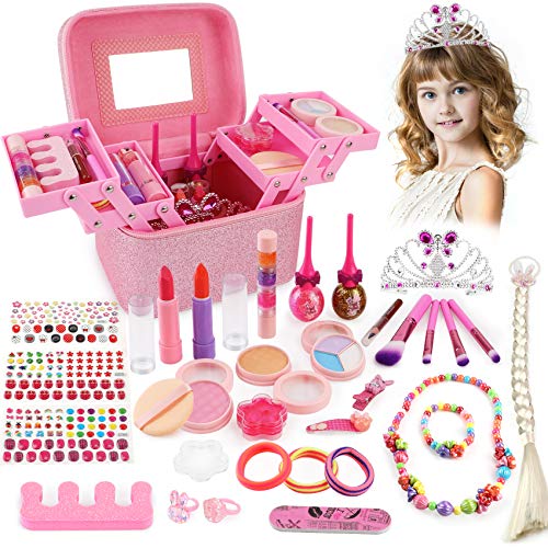 balnore 34 Pcs Kids Makeup Toys Real Girls Makeup Kit Washable Makeup Toy Set with Fashion Portable Makeup Box Including, Eye Shadows, Lipstick, Liquid Foundation, Nail Polish, Wig and Royal Crown