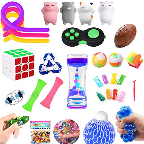 Fidget Toys Set,30 Pack.Sensory Toys Pack for Stress Relief ADHD Anxiety Autism for Kids and Adults,Liquid Motion Timer/Grape Ball/Flippy Chain/Stretchy String/Squeeze-a-Bean Soybeans/Slime & More