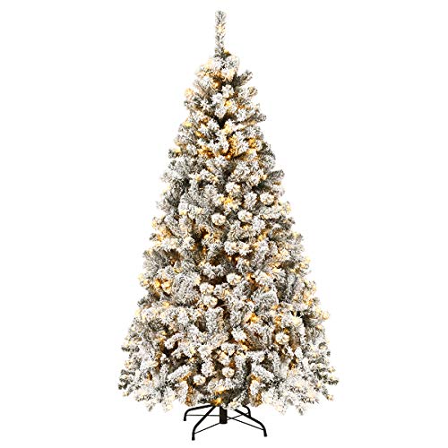 Goplus 6ft Pre-Lit Artificial Christmas Tree, Premium PVC Snow Flocked Hinged Pine Tree with Metal Stand and LED Lights, Perfect Xmas Decoration for Indoor and Outdoor