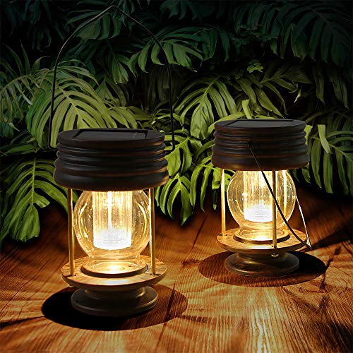 Hanging Solar Lights Outdoor - 2 Pack Solar Powered Waterproof Landscape Lanterns with Retro Design for Patio, Yard, Garden and Pathway Decoration (Warm Light)