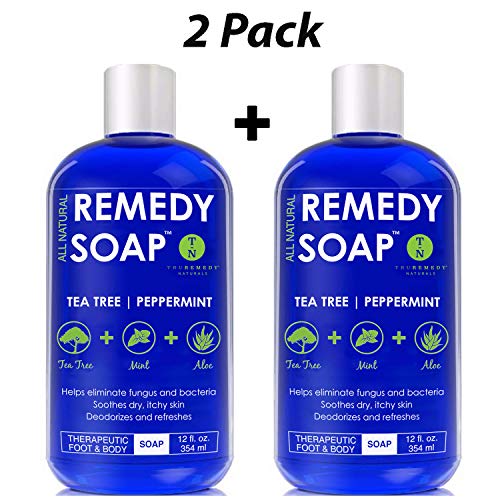 Remedy Soap Pack of 2, Helps Wash Away Body Odor, Soothe Athlete’s Foot, Ringworm, Jock Itch, Yeast Infections and Skin Irritations. 100% Natural with Tea Tree Oil, Mint & Aloe 12 oz