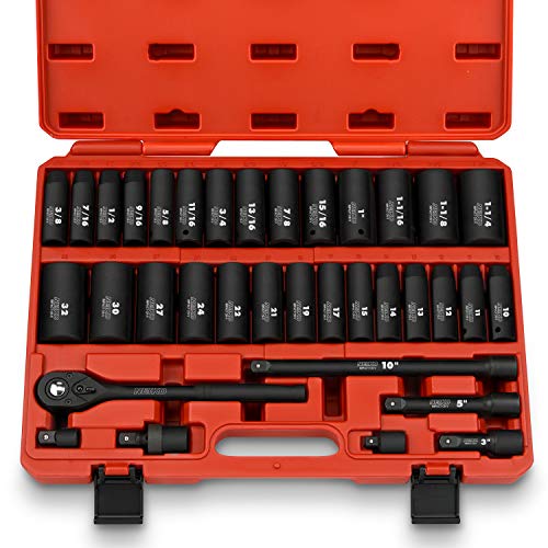 Neiko 02446A 1/2' Drive Master Impact Socket Set, 35 Piece Deep Socket Assortment | Standard SAE (Inch) and Metric Sizes | Includes Ratchet Handle and Extension Bars | Cr-V Steel