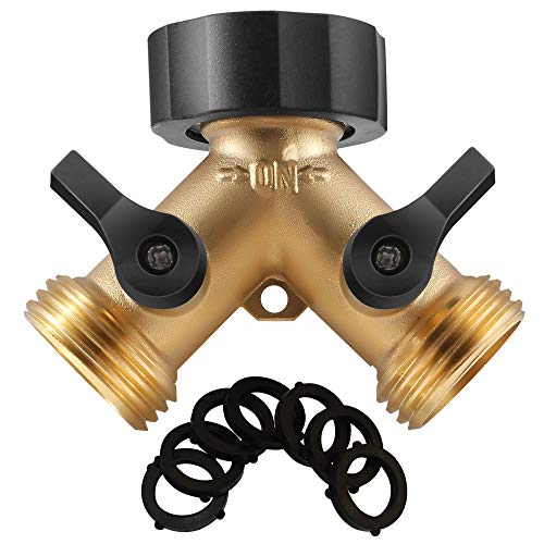 IPOW Solid Brass Body Backyard 2 Way Y Valve Garden Hose Connector Splitter Adapter + 6 Rubber Hose Washers with Comfort Grip