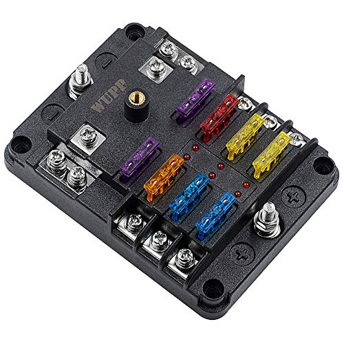 WUPP 12 Volt Fuse Block, Waterproof 6 Way Fuse Box with 6 Ground Negative Busbar for Automotive[100 Amp Max] [ATC/ATO Fuses] [LED Indicator] [2 Spare Fuse Slots]for Car Boat Marine RV DC 12-24V